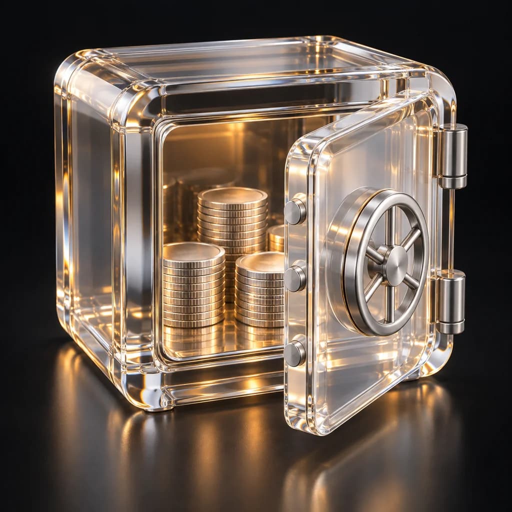 Sculptural clear-glass treasury with warm amber light